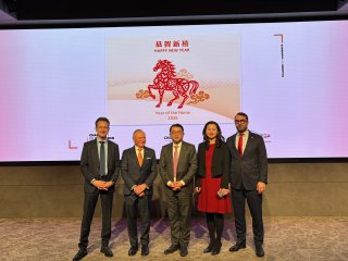 The Hong Kong Economic and Trade Office in Brussels (Brussels ETO) hosted Chinese New Year receptions in Luxembourg on February 11 (Luxembourg time), as part of the celebration series for the Year of the Horse. Photo shows (from left) Director General of the Luxembourg Chamber of Commerce, Mr Carlo Thelen; President of the Luxembourg Chamber of Commerce, Mr Fernand Ernster; Chinese Ambassador to Luxembourg, H.E. Mr Hua Ning; Deputy Representative of Brussels ETO, Miss Fiona Li; President of the China-Luxembourg Chamber of Commerce, Mr Jacques Bortuzzo.