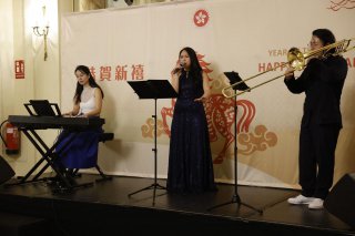 The Hong Kong Economic and Trade Office in Brussels continues Chinese New Year celebrations in Europe. Guests in Madrid, Spain, enjoyed a cross-genre performance by soprano Lilian Tong (centre), accompanied by pianist Siu Tin-chi (left) and trombonist Frankie Ko (right), on February 24 (Madrid time). 