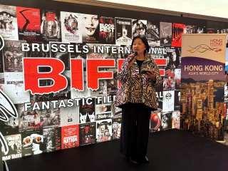 The Special Representative for Hong Kong Economic and Trade Affairs to the European Union, Ms Shirley Yung, addresses guests at a networking reception during the Brussels International Fantastic Film Festival on April 7 (Brussels time), prior to the screening of Back to the Past, which attracted over 600 audience members.