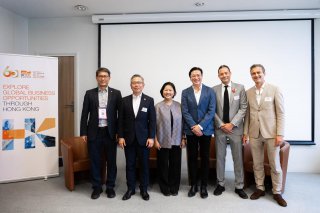 Photo shows (from left to right) the Senior Vice President (Research and Innovation) of the Hong Kong Polytechnic University, Professor Christopher Chao; the Chief Executive Officer of Hong Kong Science and Technology Parks Corporation, Mr Terry Wong; the Special Representative for Hong Kong Economic and Trade Affairs to the European Union, Ms Shirley Yung; the Director, France, Iberia and Benelux of Hong Kong Trade Development Council, Mr Christopher Lai; the Chairman of La French Tech Hong Kong-Shenzhen, Mr Emmanuel Carcassonne, and the Partner of LPA Law LLP, Mr Nicolas Vanderchmitt, at the networking reception Hong Kong Tech Night: Where Innovation Meets Opportunity in Paris, France on June 18 (Paris time) during VivaTech 2026.