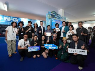 The Cultural and Creative Industries Development Agency under the Culture, Sports and Tourism Bureau led an industry delegation to the Annecy International Animation Film Festival and Market 2026 in France and set up the Hong Kong Pavilion therein. Photo shows Assistant Commissioner for Cultural and Creative Industries Miss Yvonne Ip and representatives from six local animation companies attending the opening ceremony of the Hong Kong Pavilion on June 23 (Annecy time).