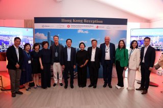 The Commerce and Economic Development Bureau promoted The Festival of Connoisseurs (TFOC) at the Monaco Yacht Show 2026 held in Monaco on September 23 (Monaco time). Photo shows (from left) the Vice President of Strategic Initiatives of Informa Markets Asia, Mr Dan Ye; the Chief Strategy Officer of AsiaWorld-Expo, Ms Enid Low; the Executive Director, Commercial of the Airport Authority Hong Kong, Ms Cissy Chan; the Chief Executive Officer of AsiaWorld-Expo, Ms Irene Chan; the Chief Executive Officer of Informa PLC, Mr Stephen Carter; the Chairman of the Airport Authority Hong Kong, Mr Fred Lam; the Special Representative for Hong Kong Economic and Trade Affairs to the European Union, Ms Shirley Yung; the Executive Director of the Hong Kong Tourism Board, Mr Anthony Lau; the Consultant (Milan), Invest Hong Kong, Mr Stefano De Paoli; the General Manager, Mega Events, MICE & Cruise at the Hong Kong Tourism Board, Ms Marilyn Tham; the Chief Financial Officer of Informa Markets Asia, Ms Suzanne Wang; and the Deputy Representative of the Hong Kong Economic and Trade Office in Brussels, Mr Kasper Ng, at the reception.