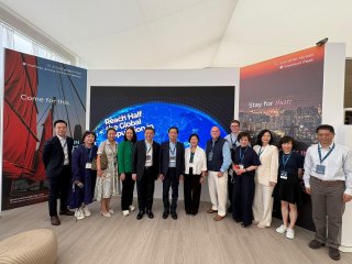 The Commerce and Economic Development Bureau promoted The Festival of Connoisseurs (TFOC) at the Monaco Yacht Show 2026 held in Monaco on September 23 (Monaco time). Photo shows the Deputy Representative of the Hong Kong Economic and Trade Office in Brussels, Mr Kasper Ng (front row, first left); the Chief Strategy Officer of AsiaWorld-Expo, Ms Enid Low (front row, second left); the General Manager, Mega Events, MICE & Cruise at the Hong Kong Tourism Board, Ms Marilyn Tham (front row, fourth left); the Executive Director of the Hong Kong Tourism Board, Mr Anthony Lau (front row, fifth left); the Chairman of the Airport Authority Hong Kong, Mr Fred Lam (front row, sixth left); the Special Representative for Hong Kong Economic and Trade Affairs to the European Union, Ms Shirley Yung (front row, seventh left); the Executive Chair of Informa Prestige, Mr John Paton (front row, eighth left); the Chief Executive Officer of AsiaWorld-Expo, Ms Irene Chan (front row, ninth left); the Chief Financial Officer of Informa Markets Asia, Ms Suzanne Wang (front row, tenth left); the Executive Director, Commercial of the Airport Authority Hong Kong, Ms Cissy Chan (front row, eleventh left); and the Vice President of Strategic Initiatives of Informa Markets Asia, Mr Dan Ye (front row, twelfth left) at the Hong Kong booth at the Monaco Yacht Show on September 23 (Monaco time).